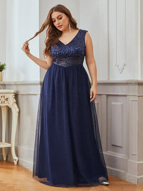 Color=Navy Blue | Gorgeous Sleevesless Double V Neckline Plus Size Tulle Evening Dresses-Navy Blue 1