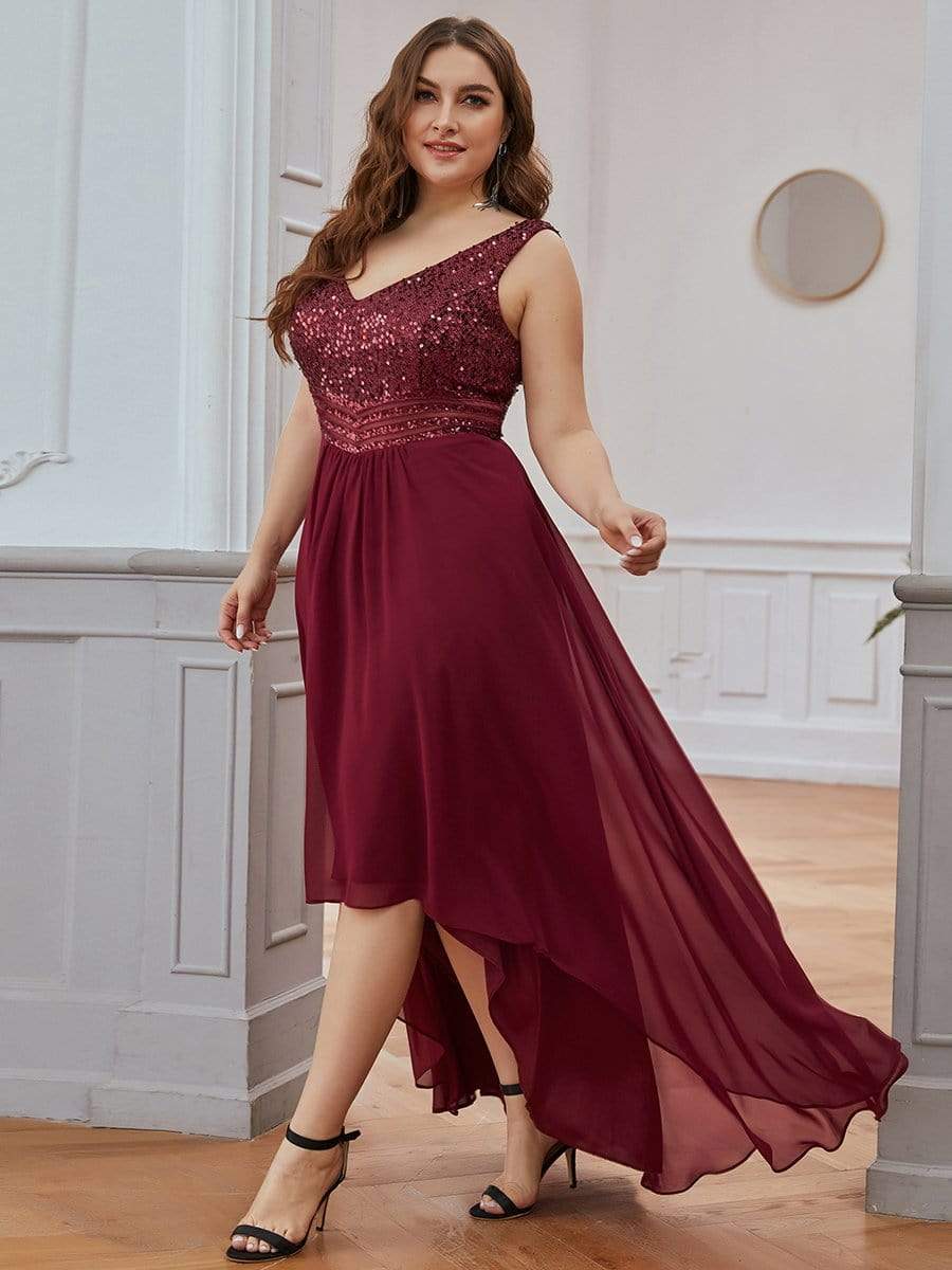 Color=Burgundy | Elegant Paillette & Chiffon V-Neck A-Line Sleeveless Plus Size Evening Dresses-Burgundy 4
