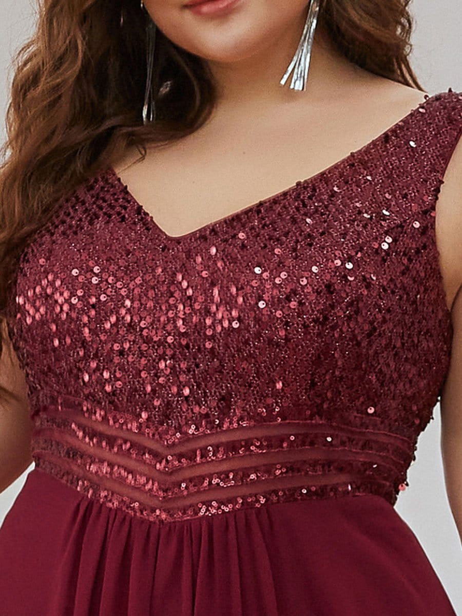 Color=Burgundy | Elegant Paillette & Chiffon V-Neck A-Line Sleeveless Plus Size Evening Dresses-Burgundy 5