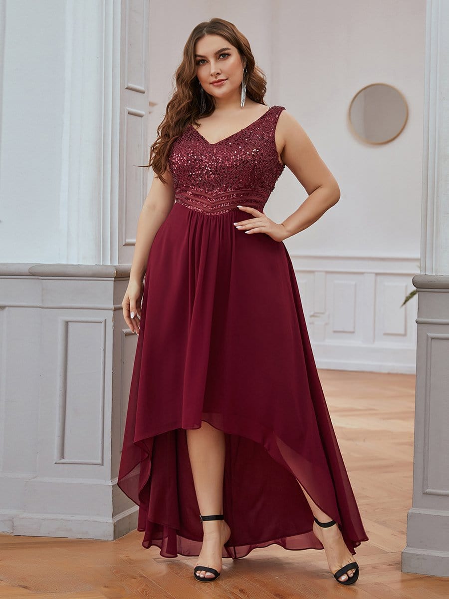 Elegant Paillette Chiffon V neck A line Sleeveless Plus Size Evening Dresses