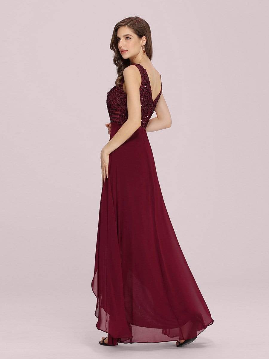 Color=Burgundy | Elegant Paillette & Chiffon V-Neck A-Line Sleeveless Plus Size Evening Dresses-Burgundy 3