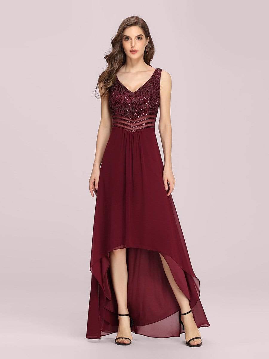Color=Burgundy | Elegant Paillette & Chiffon V-Neck A-Line Sleeveless Plus Size Evening Dresses-Burgundy 1