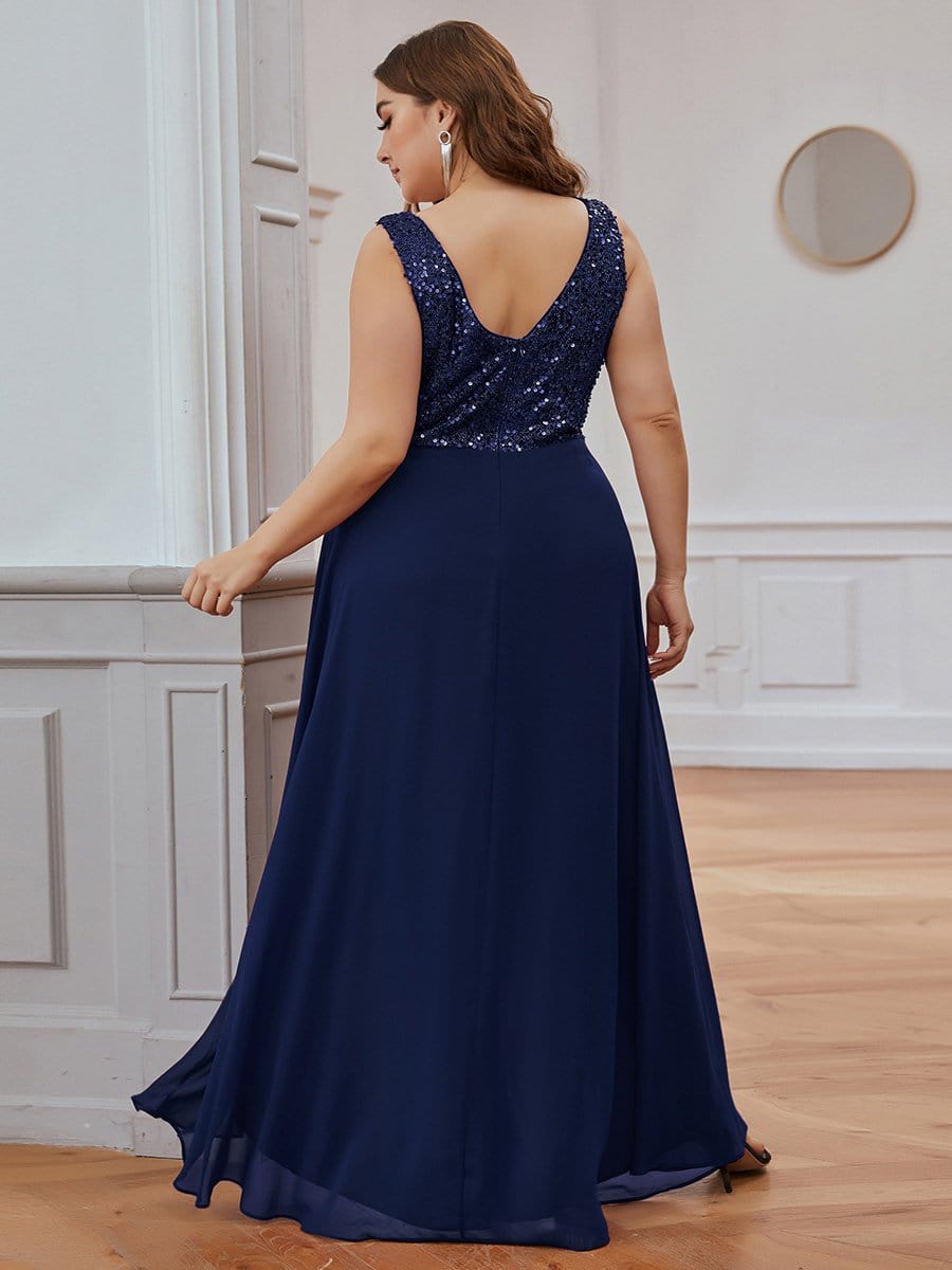 Color=Navy Blue | Elegant Paillette & Chiffon V-Neck A-Line Sleeveless Plus Size Evening Dresses-Navy Blue 2