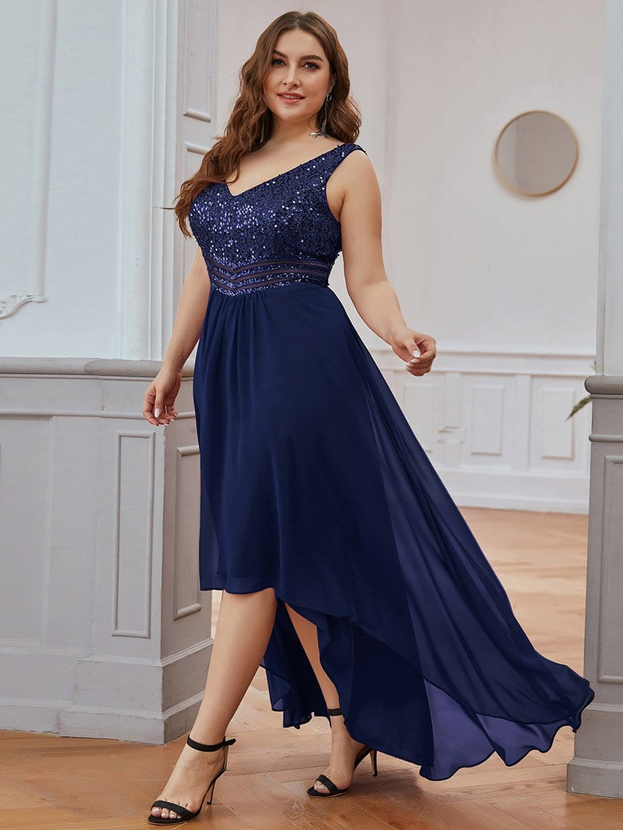 Color=Navy Blue | Elegant Paillette & Chiffon V-Neck A-Line Sleeveless Plus Size Evening Dresses-Navy Blue 3