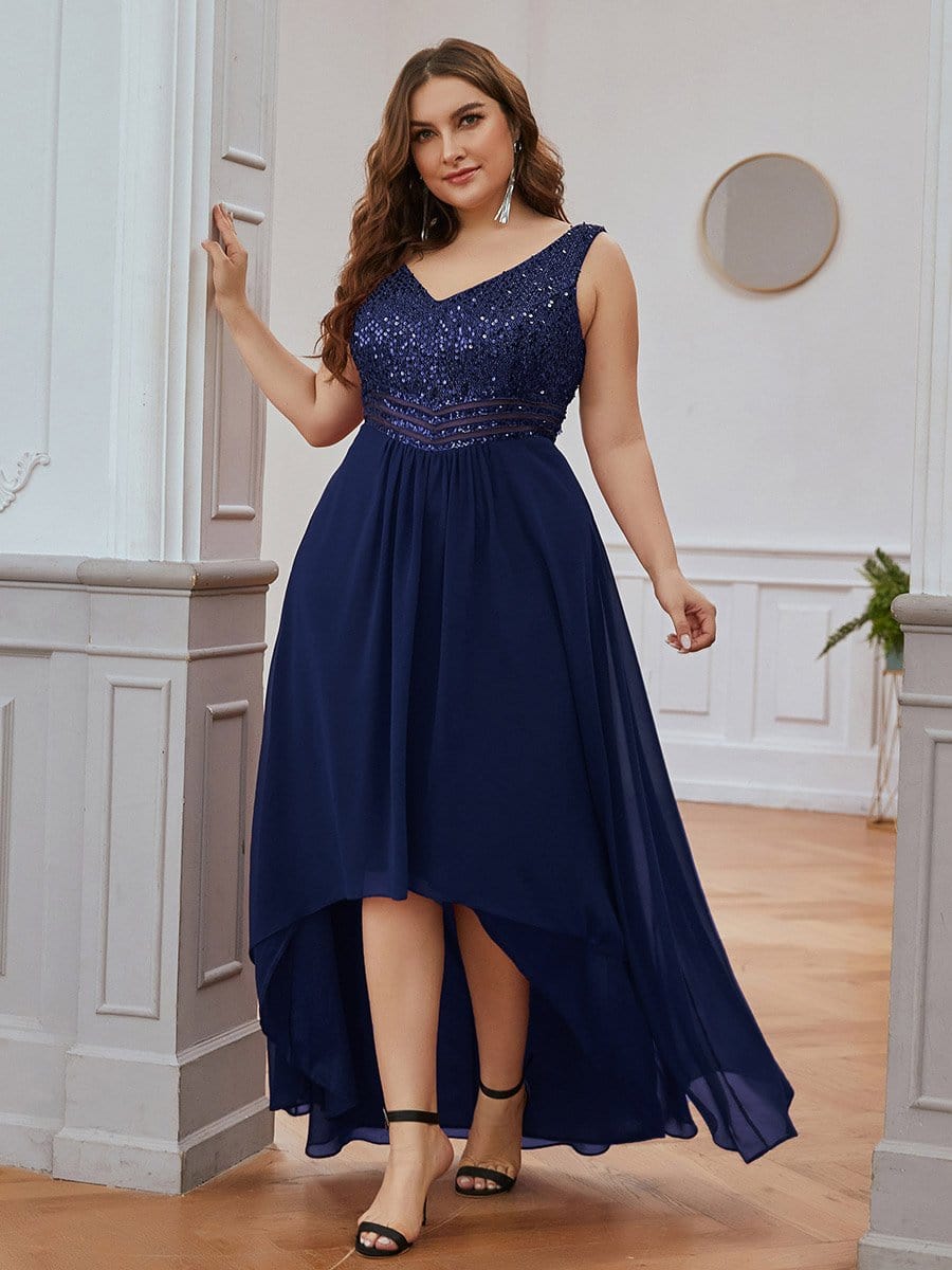 Color=Navy Blue | Elegant Paillette & Chiffon V-Neck A-Line Sleeveless Plus Size Evening Dresses-Navy Blue 4