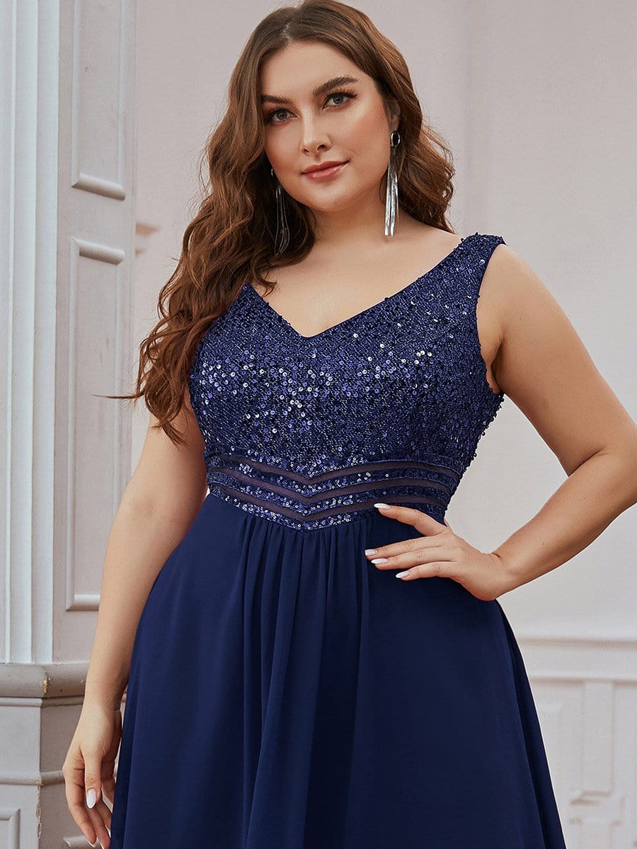 Color=Navy Blue | Elegant Paillette & Chiffon V-Neck A-Line Sleeveless Plus Size Evening Dresses-Navy Blue 5