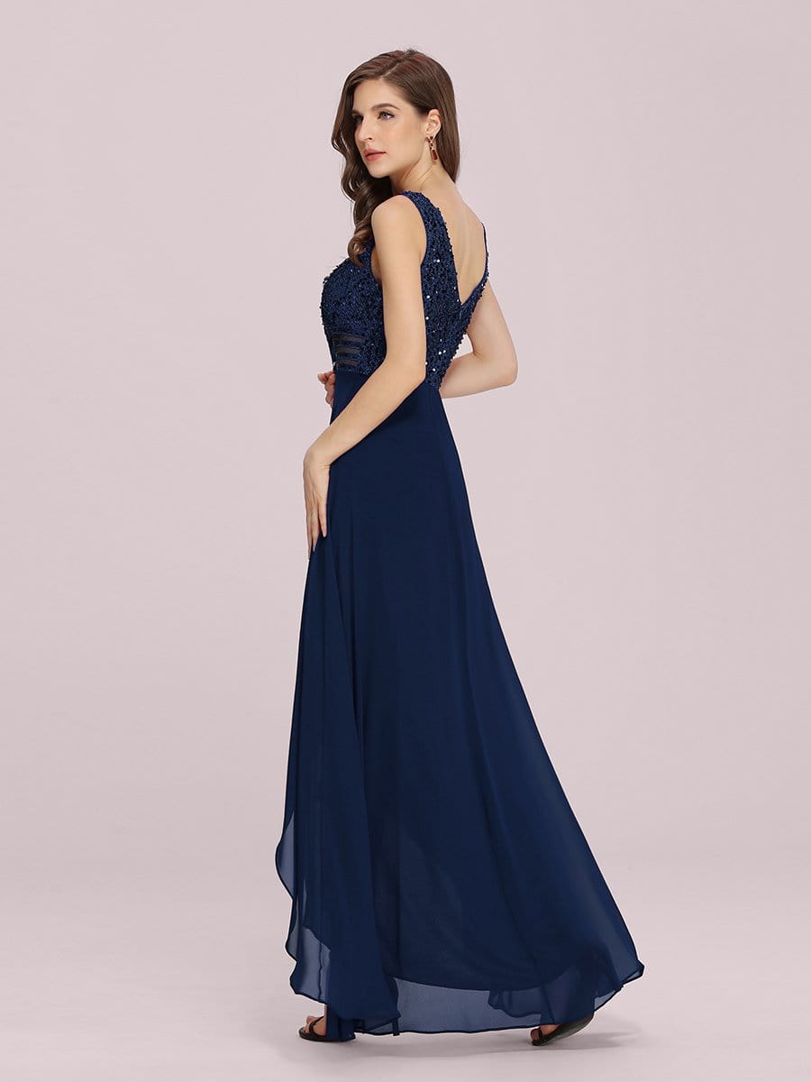 Color=Navy Blue | Elegant Paillette & Chiffon V-Neck A-Line Sleeveless Plus Size Evening Dresses-Navy Blue 2