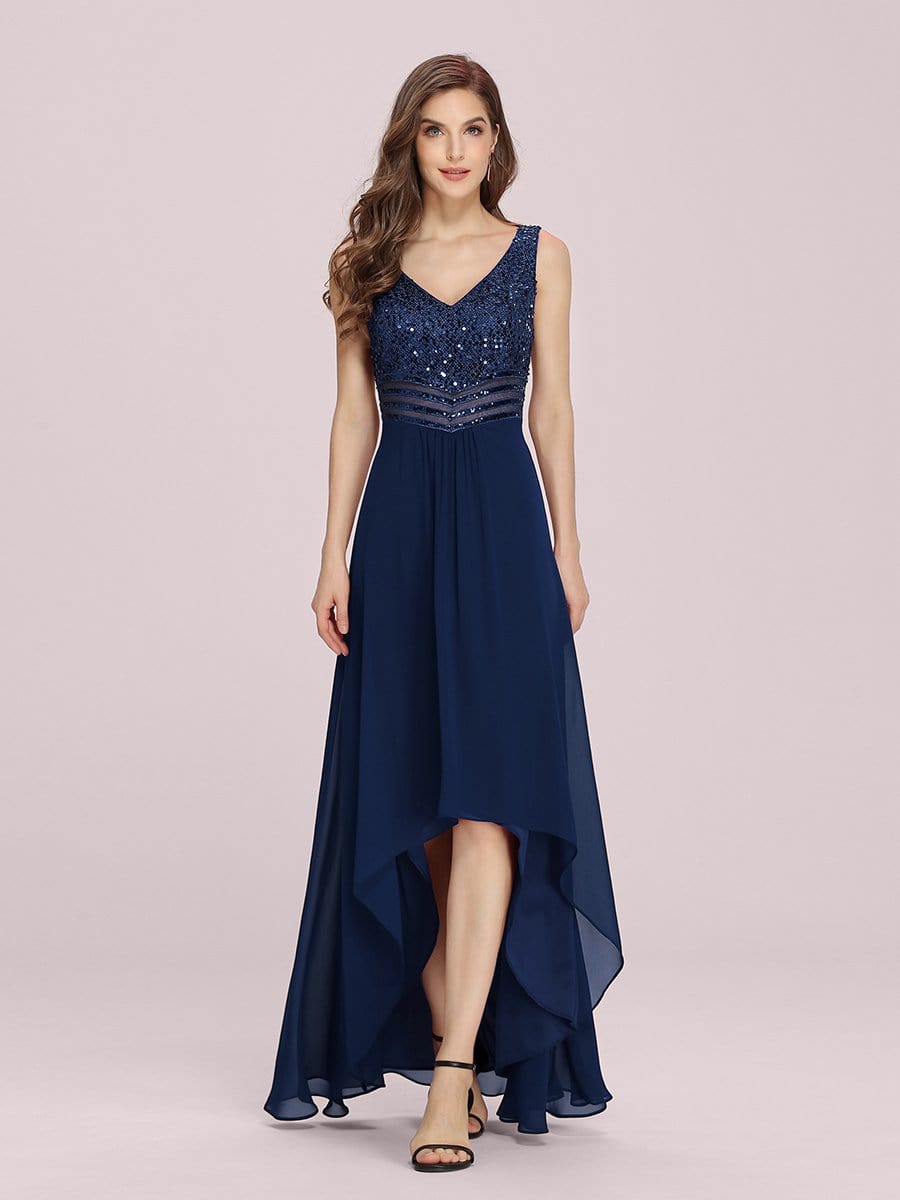 Color=Navy Blue | Elegant Paillette & Chiffon V-Neck A-Line Sleeveless Plus Size Evening Dresses-Navy Blue 1