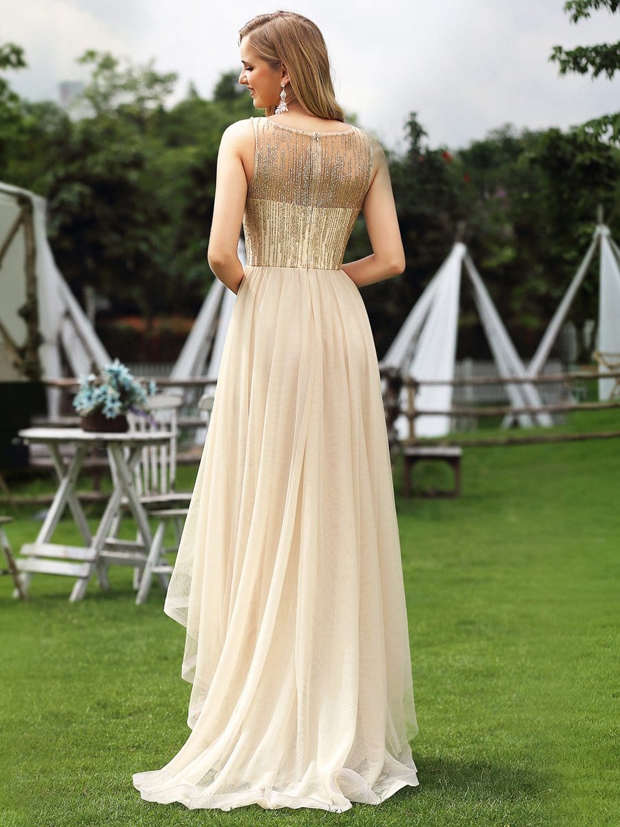 Color=Gold | Gorgeous Tulle And Sequin Round Neckline A-Line Evening Dresses-Gold 2