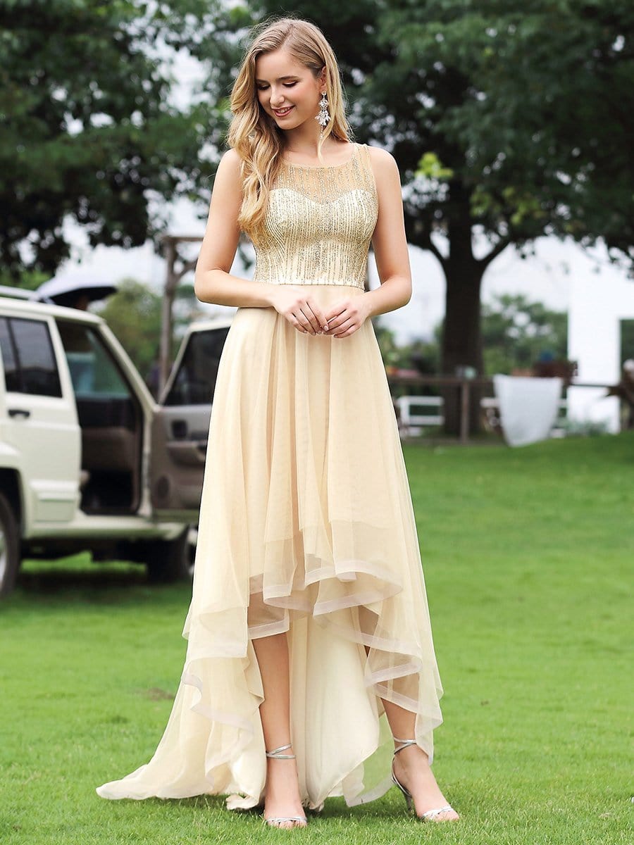 Color=Gold | Gorgeous Tulle And Sequin Round Neckline A-Line Evening Dresses-Gold 4