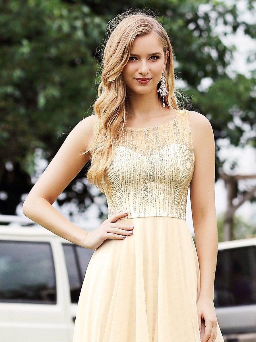 Color=Gold | Gorgeous Tulle And Sequin Round Neckline A-Line Evening Dresses-Gold 5