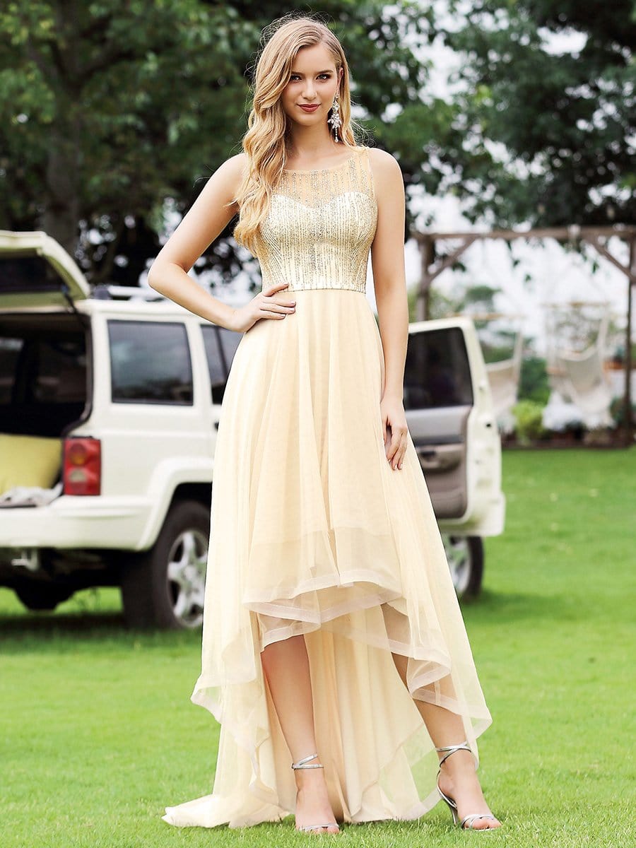 Color=Gold | Gorgeous Tulle And Sequin Round Neckline A-Line Evening Dresses-Gold 1