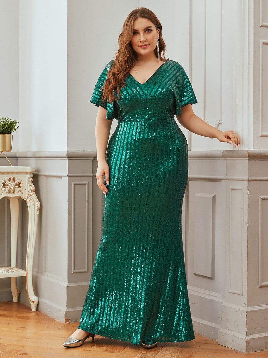 Color=Dark Green | Women'S Trendy V-Neck Floor Length Sequin Evening Dress-Dark Green 3