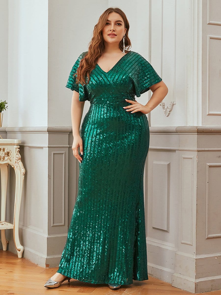 Color=Dark Green | Women'S Trendy V-Neck Floor Length Sequin Evening Dress-Dark Green 1