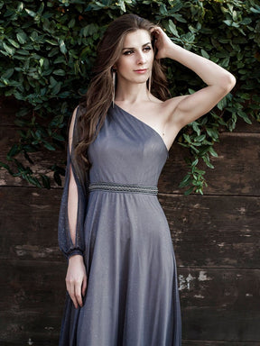 Color=Grey | Charming One Shoulder Evening Dresses With Long Sleeve-Grey 7