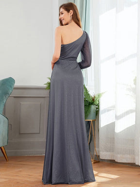 Color=Grey | Charming One Shoulder Evening Dresses With Long Sleeve-Grey 2