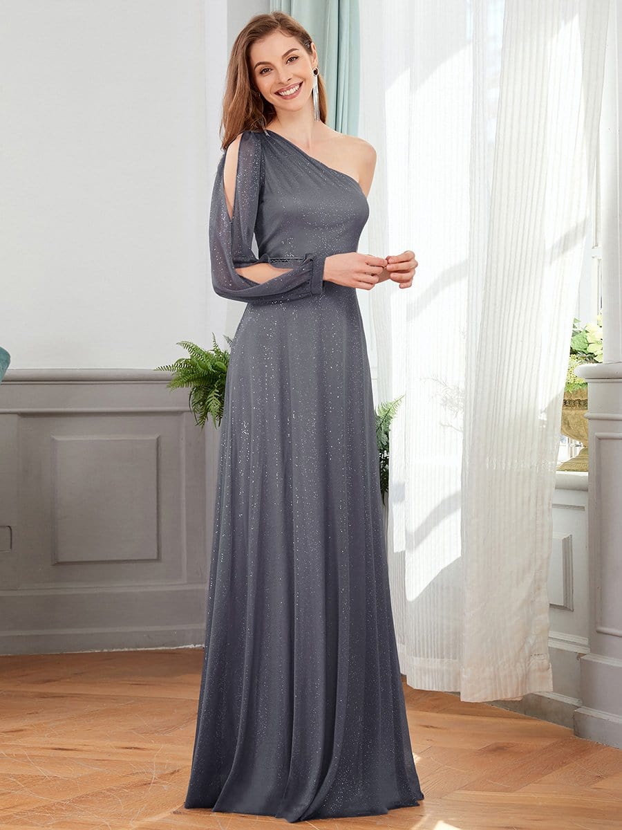 Color=Grey | Charming One Shoulder Evening Dresses With Long Sleeve-Grey 3