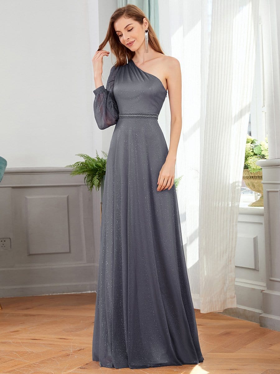 Color=Grey | Charming One Shoulder Evening Dresses With Long Sleeve-Grey 4