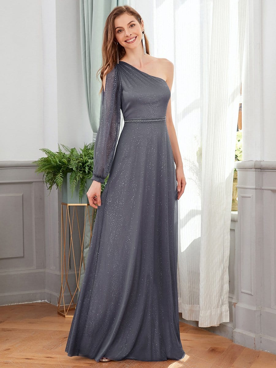 Color=Grey | Charming One Shoulder Evening Dresses With Long Sleeve-Grey 1