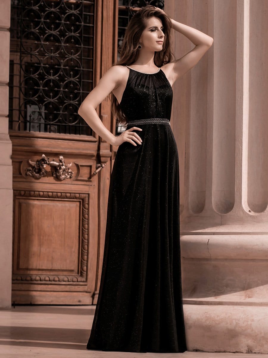 Color=Black | Elegant Round Neck Sleeveless Maxi Evening Dress For Party-Black 2
