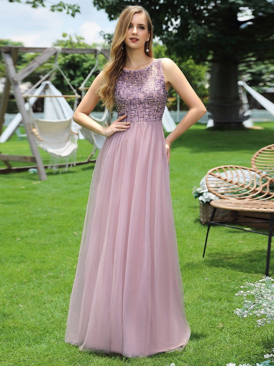 Color=Mauve | Adorable Round Neck Tulle Backless Evening Dress With Paillette-Mauve 1