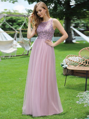 Color=Mauve | Adorable Round Neck Tulle Backless Evening Dress With Paillette-Mauve 4