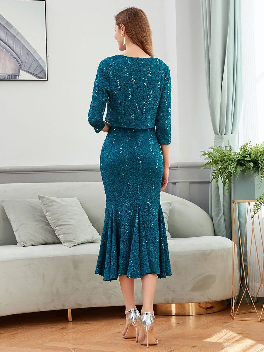 Color=Teal | Sassy Knee Length Lace Party Dresses Sets With Mermaid Ruffle-Teal 2
