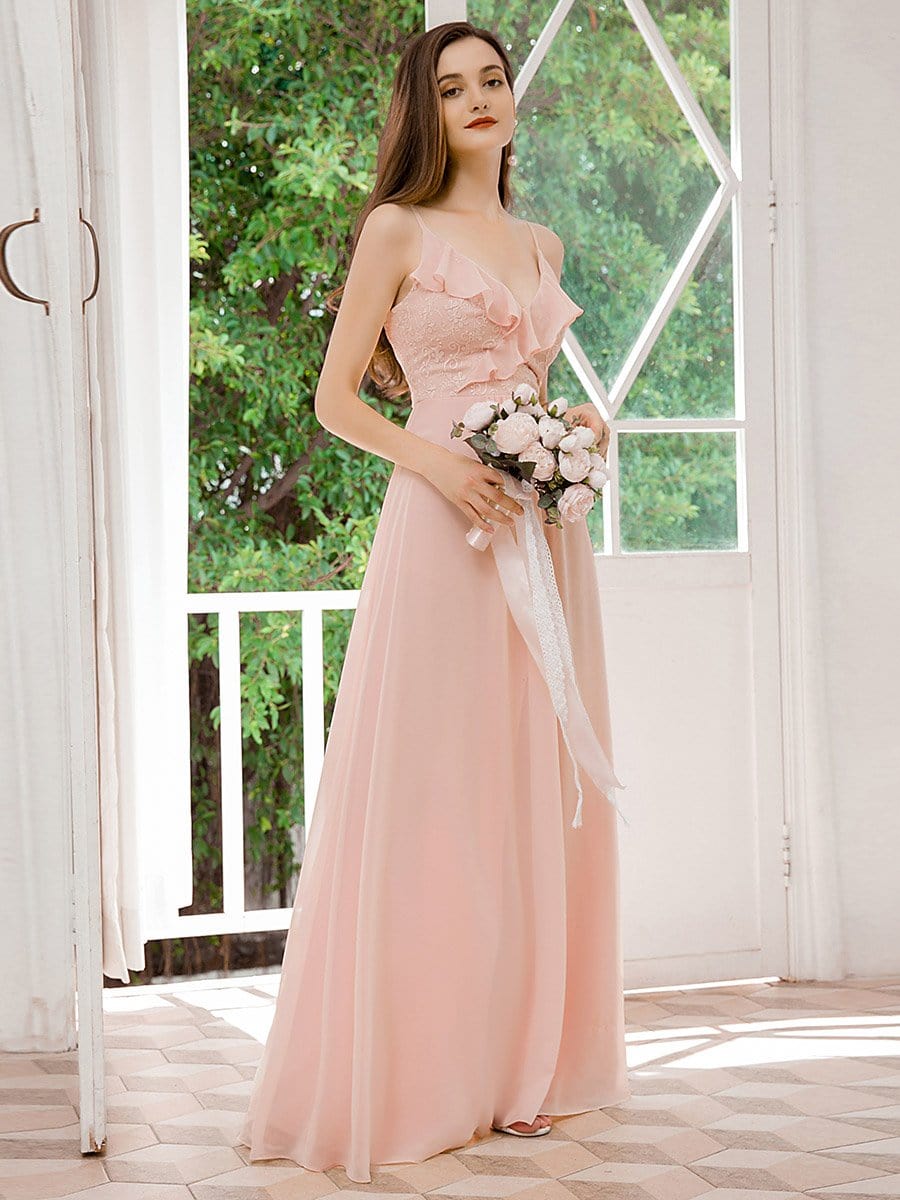 Color=Pink | Flattering Spaghetti Straps V-Neck Chiffon Bridesmaid Dresses-Pink 3