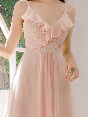 Color=Pink | Flattering Spaghetti Straps V-Neck Chiffon Bridesmaid Dresses-Pink 5