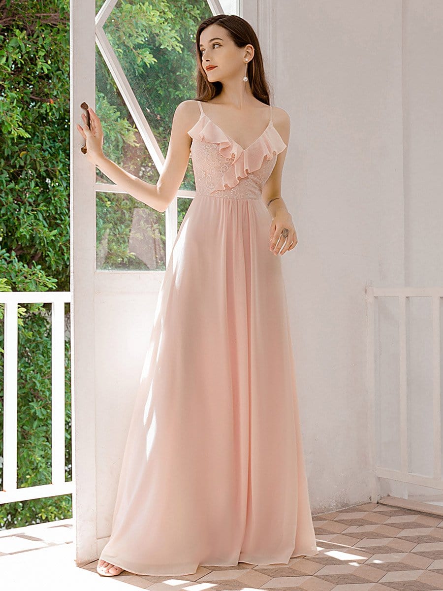 Color=Pink | Flattering Spaghetti Straps V-Neck Chiffon Bridesmaid Dresses-Pink 1
