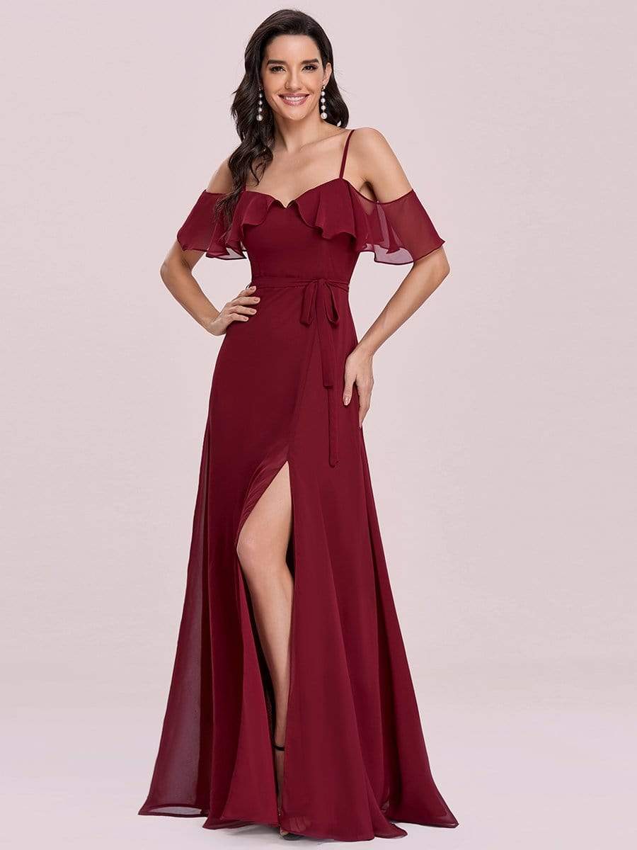 Color=Burgundy | Dainty Chiffon Bridesmaid Dresses With Ruffles Sleeves With Side Slit-Burgundy 4