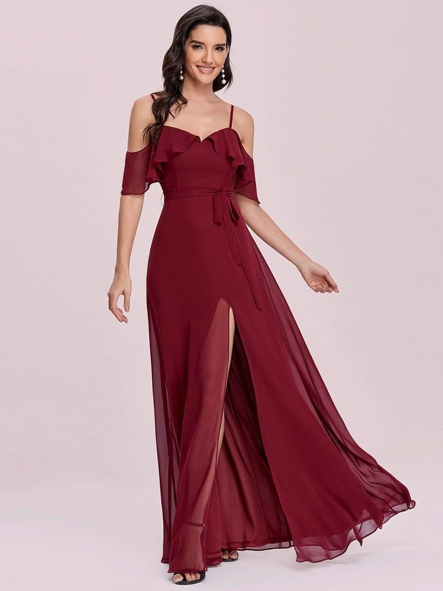 Color=Burgundy | Dainty Chiffon Bridesmaid Dresses With Ruffles Sleeves With Side Slit-Burgundy 5