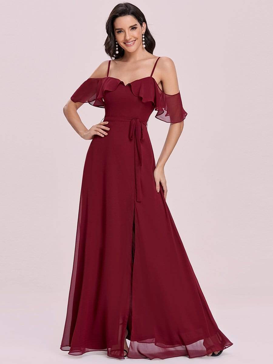 Color=Burgundy | Dainty Chiffon Bridesmaid Dresses With Ruffles Sleeves With Side Slit-Burgundy 6