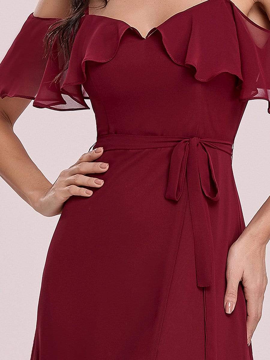 Color=Burgundy | Dainty Chiffon Bridesmaid Dresses With Ruffles Sleeves With Side Slit-Burgundy 8