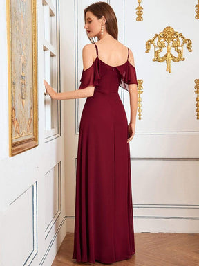 Color=Burgundy | Dainty Chiffon Bridesmaid Dresses With Ruffles Sleeves With Side Slit-Burgundy 2