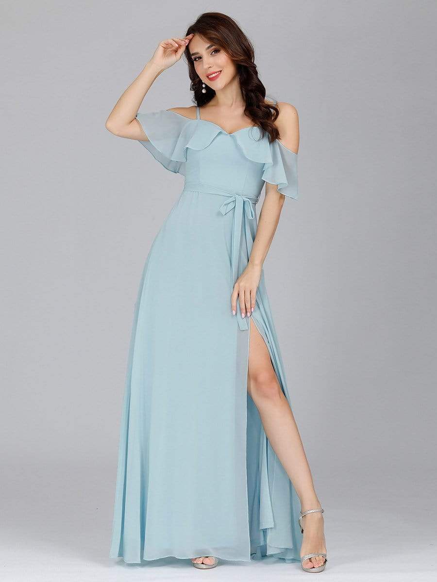 Color=Sky Blue | Dainty Chiffon Bridesmaid Dresses With Ruffles Sleeves With Side Slit-Sky Blue 8