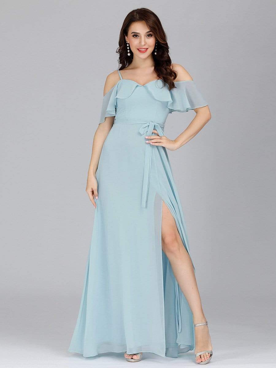Color=Sky Blue | Dainty Chiffon Bridesmaid Dresses With Ruffles Sleeves With Side Slit-Sky Blue 9
