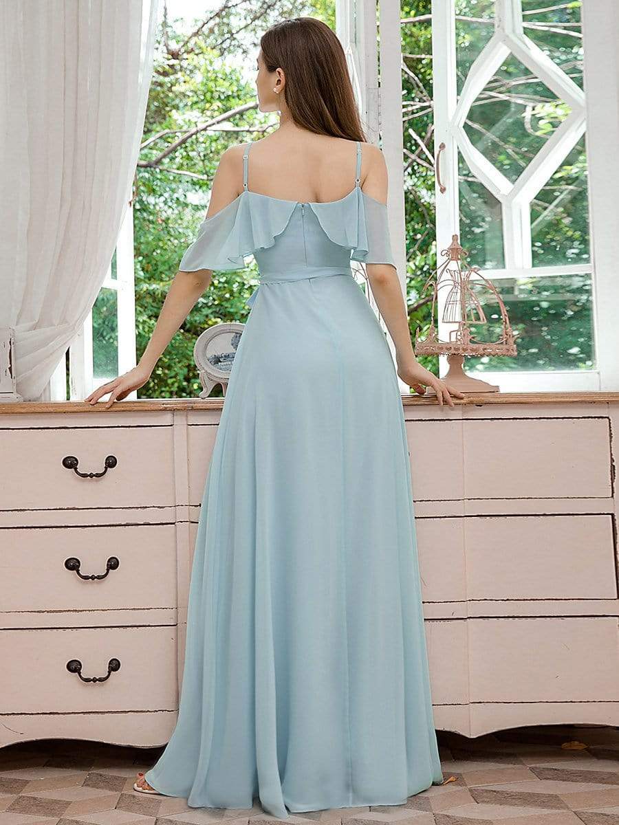 Color=Sky Blue | Dainty Chiffon Bridesmaid Dresses With Ruffles Sleeves With Side Slit-Sky Blue 2