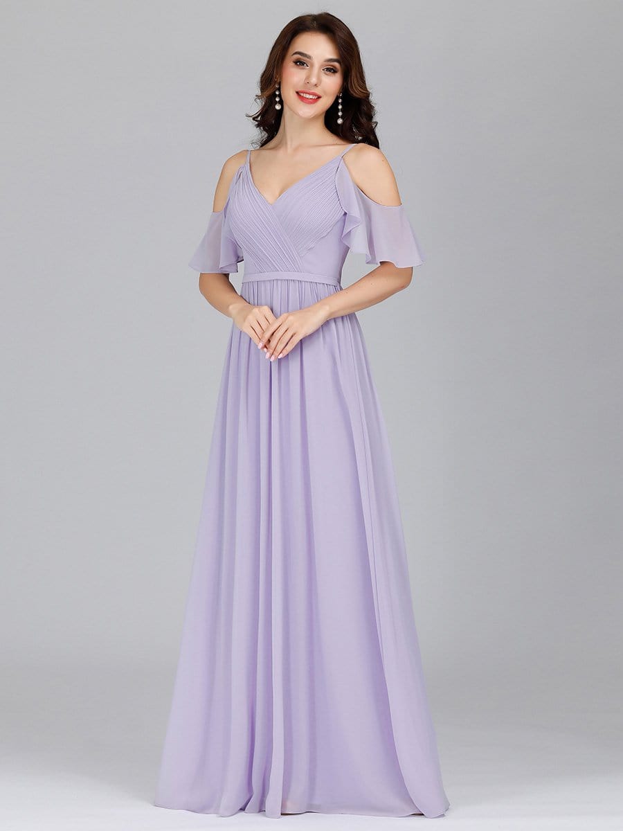 Color=Lavender | Elegant Chiffon V-Neck Bridesmaid Dresses With Ruffles Sleeves-Lavender 9