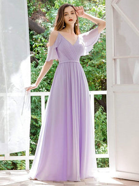 Color=Lavender | Elegant Chiffon V-Neck Bridesmaid Dresses With Ruffles Sleeves-Lavender 3