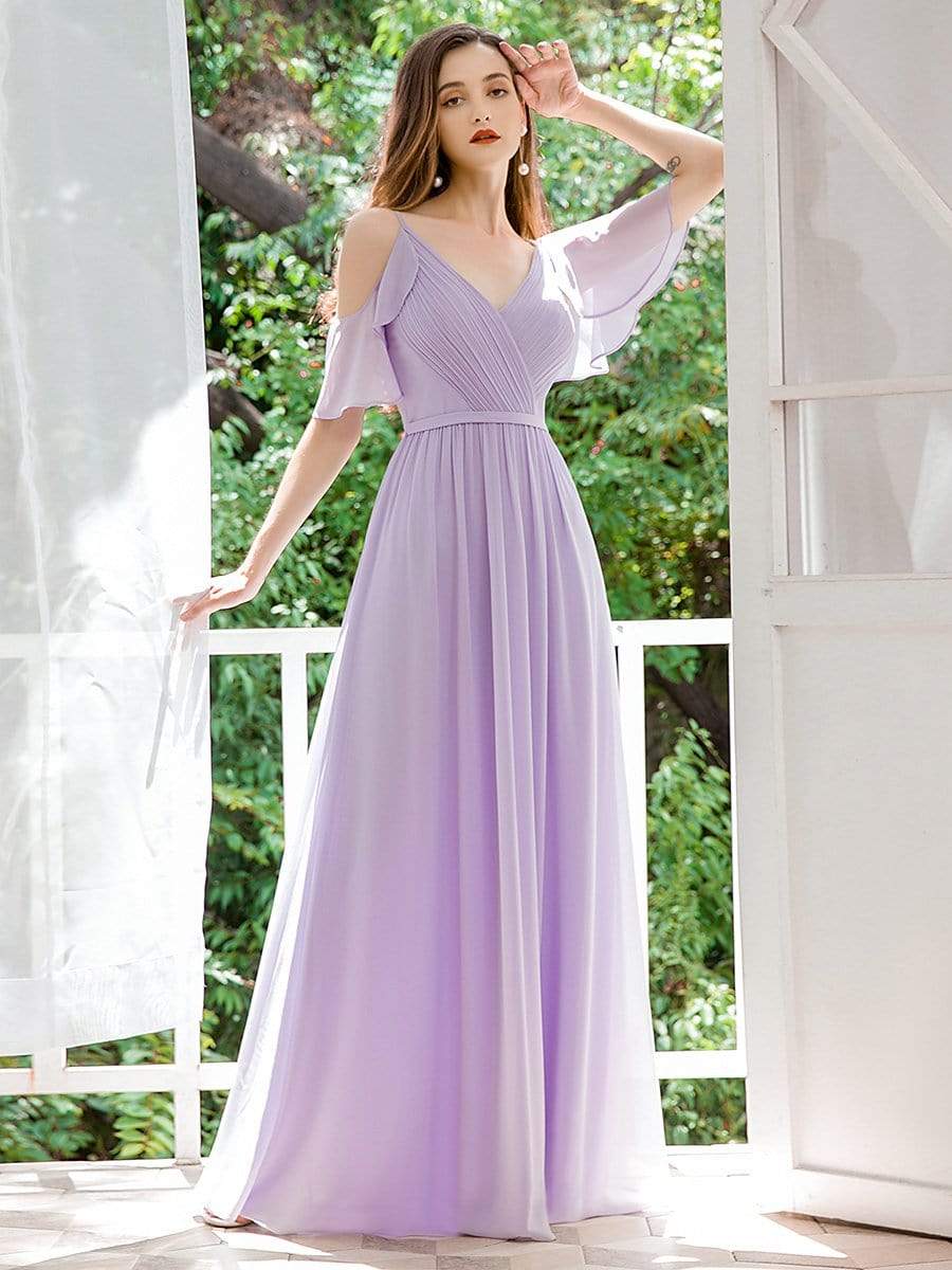 Color=Lavender | Elegant Chiffon V-Neck Bridesmaid Dresses With Ruffles Sleeves-Lavender 3