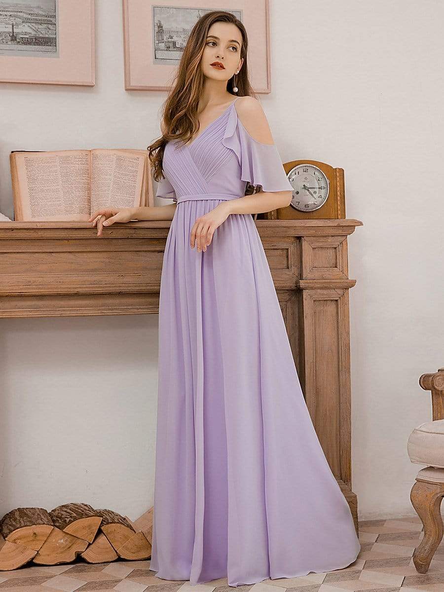 Color=Lavender | Elegant Chiffon V-Neck Bridesmaid Dresses With Ruffles Sleeves-Lavender 4