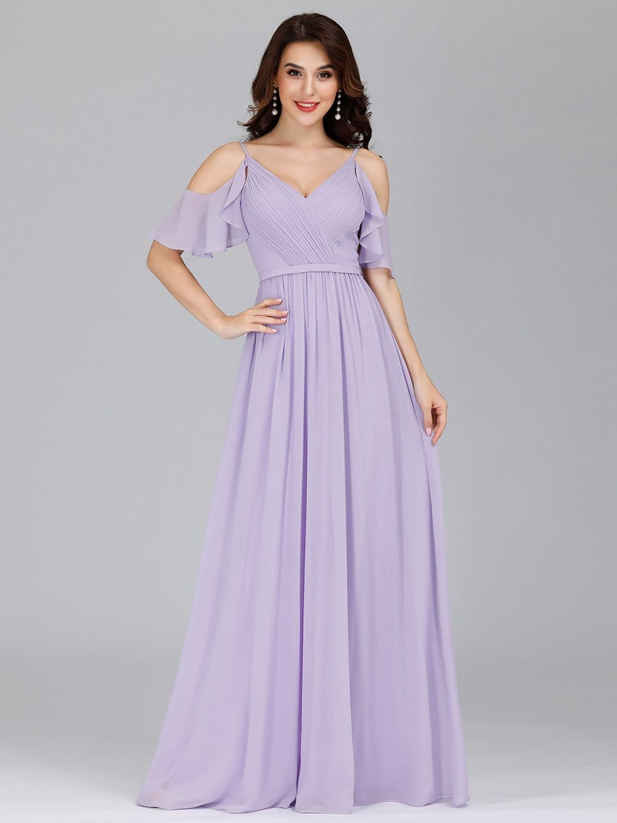 Color=Lavender | Elegant Chiffon V-Neck Bridesmaid Dresses With Ruffles Sleeves-Lavender 6