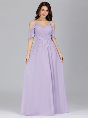 Color=Lavender | Elegant Chiffon V-Neck Bridesmaid Dresses With Ruffles Sleeves-Lavender 8