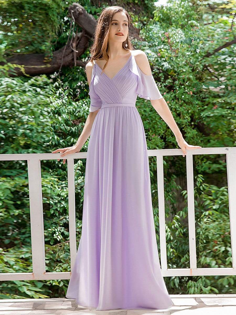 Color=Lavender | Elegant Chiffon V-Neck Bridesmaid Dresses With Ruffles Sleeves-Lavender 1