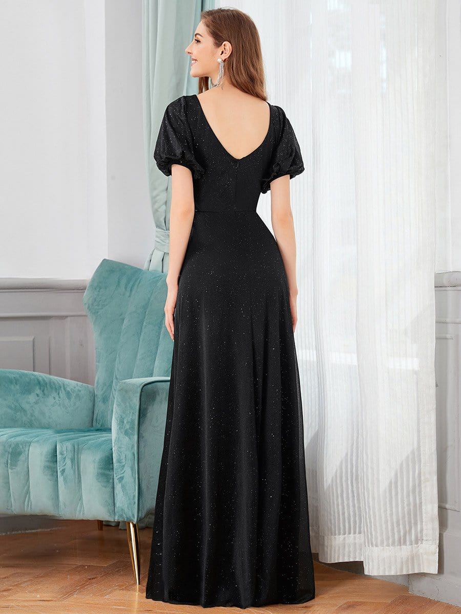 Color=Black | Flattering Double V-Neck Evening Dresses With Puff Sleeves-Black 2