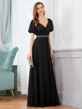 Color=Black | Flattering Double V-Neck Evening Dresses With Puff Sleeves-Black 3