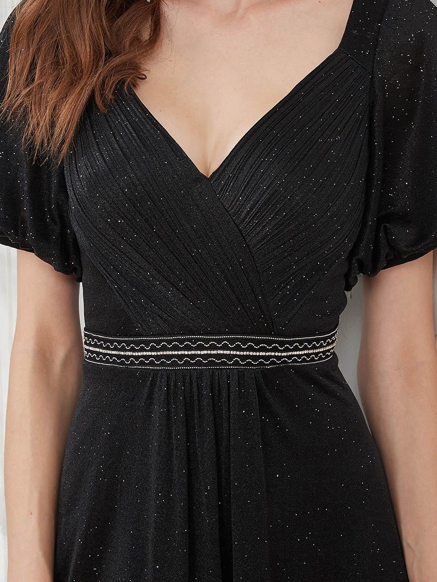 Color=Black | Flattering Double V-Neck Evening Dresses With Puff Sleeves-Black 5