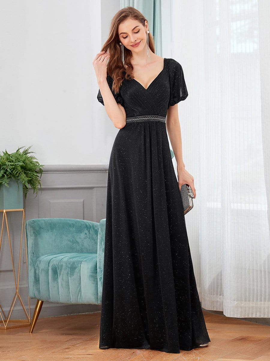 Color=Black | Flattering Double V-Neck Evening Dresses With Puff Sleeves-Black 1
