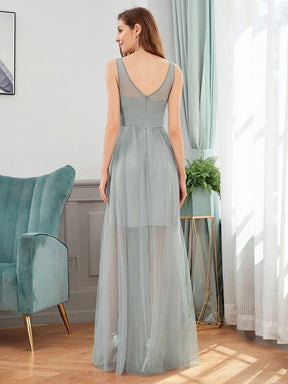 Color=Grey | Classy V-Neck Tulle See-Through Evening Dresses-Grey 2